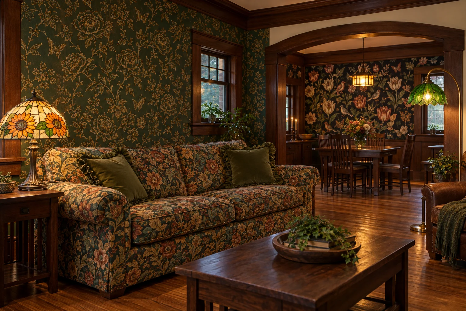 Illustrative 1920s Craftsman living room with a patterned tapestry sofa, olive velvet pillows, two separate wallpapers and two warm glass lamps.