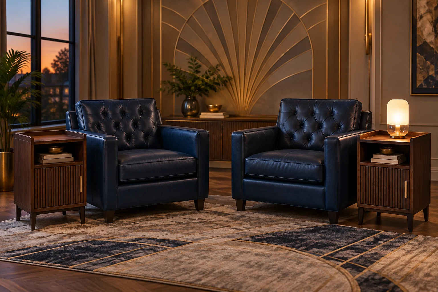 Original room rendering of an evening conversation corner with blue tufted chairs