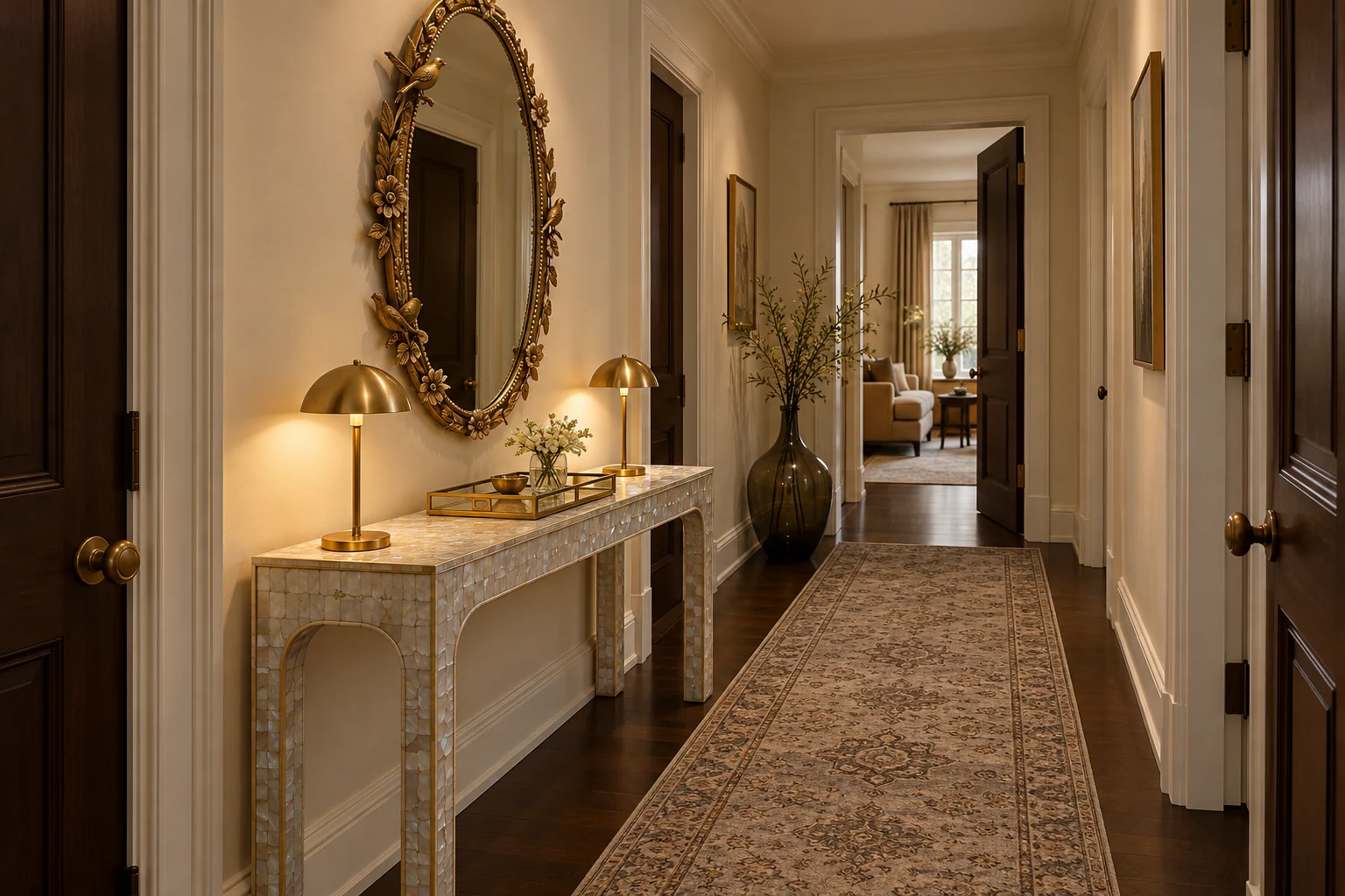 Illustrative art-deco room scene showing five selected product roles for bone inlay entryway table.