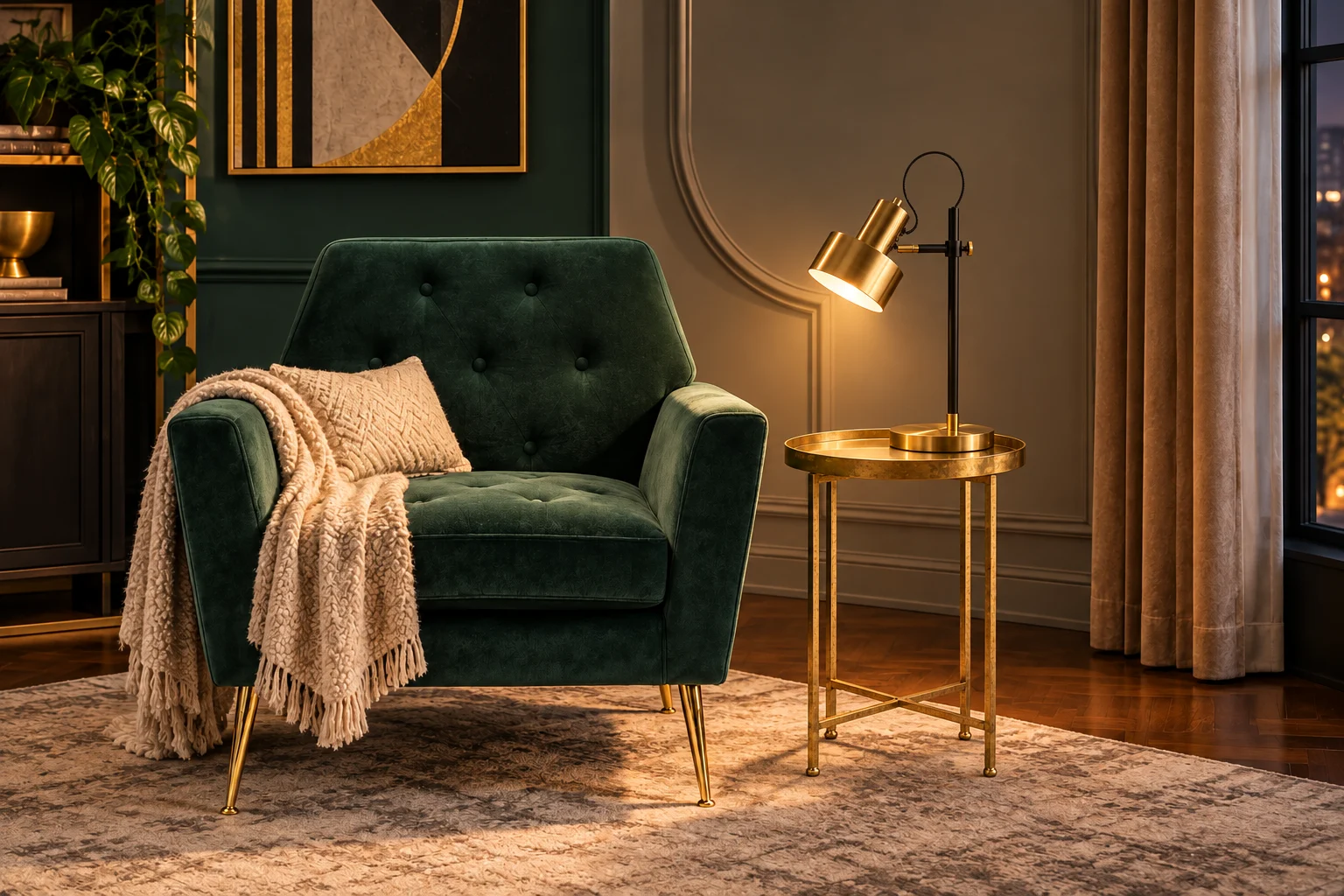 Illustrative room scene of an emerald velvet chair beside a small gold tray table with a brass-and-black desk lamp resting on its top.