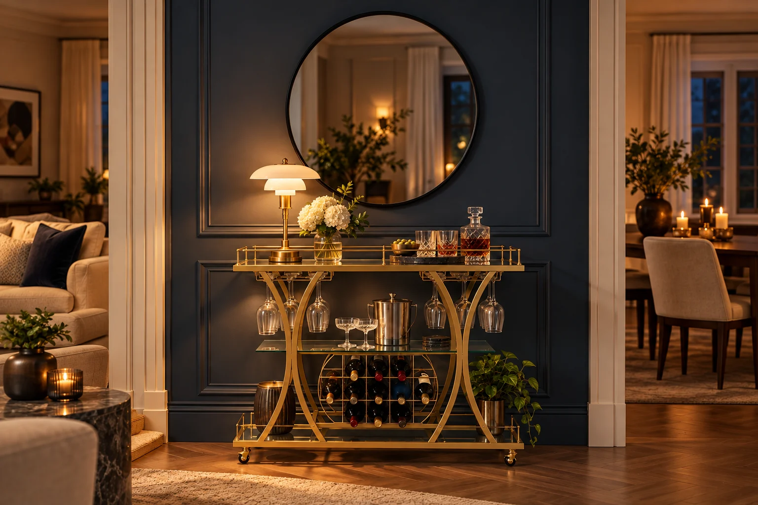 Illustrative room scene of a gold glass-shelf bar cart below a round black mirror with a layered white table lamp.