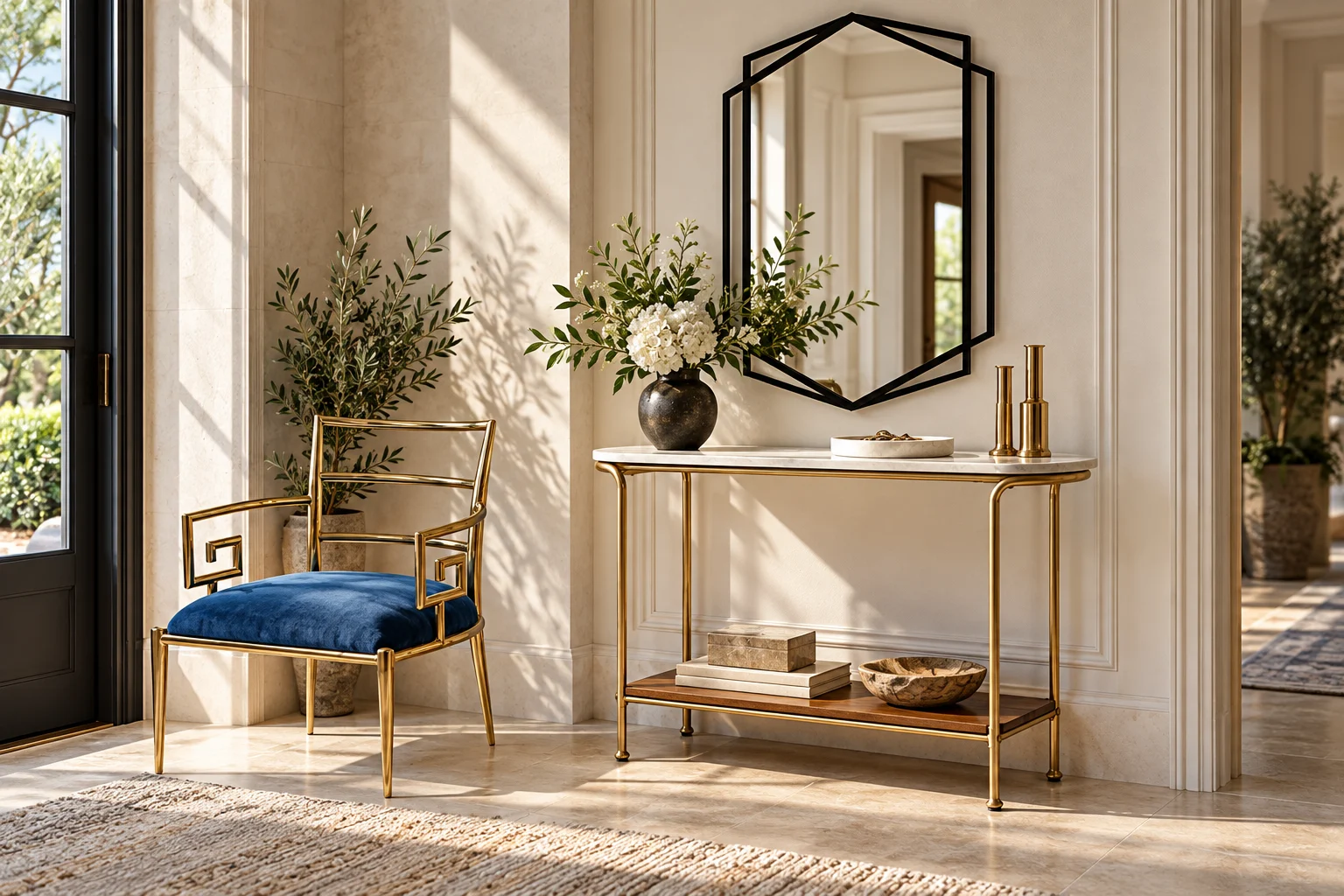 Illustrative entryway with blue gold-frame chair, marble-top console and vertical double-hexagon black mirror.
