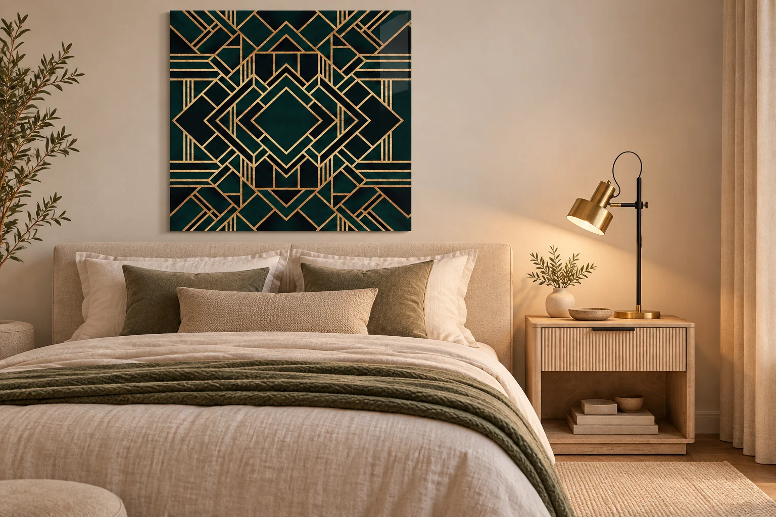 Illustrative bedroom with pale fluted oak nightstand, brass-and-black task lamp and dark geometric art.