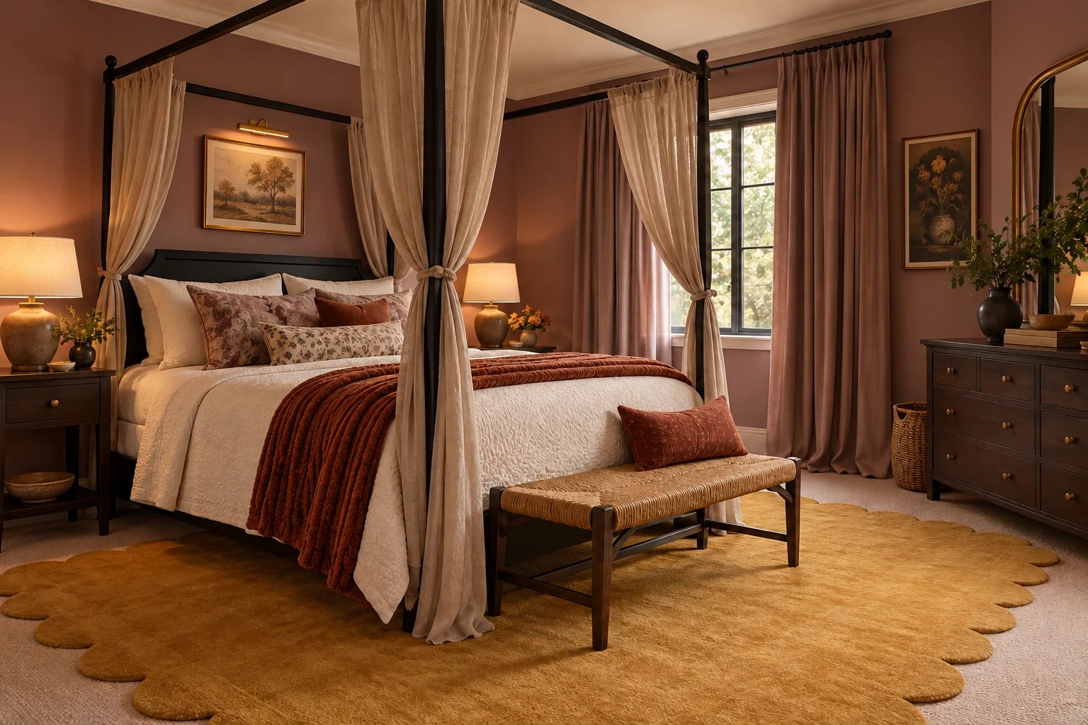 Illustrative bohemian room scene showing five selected product roles for bedroom bedding and lighting refresh.