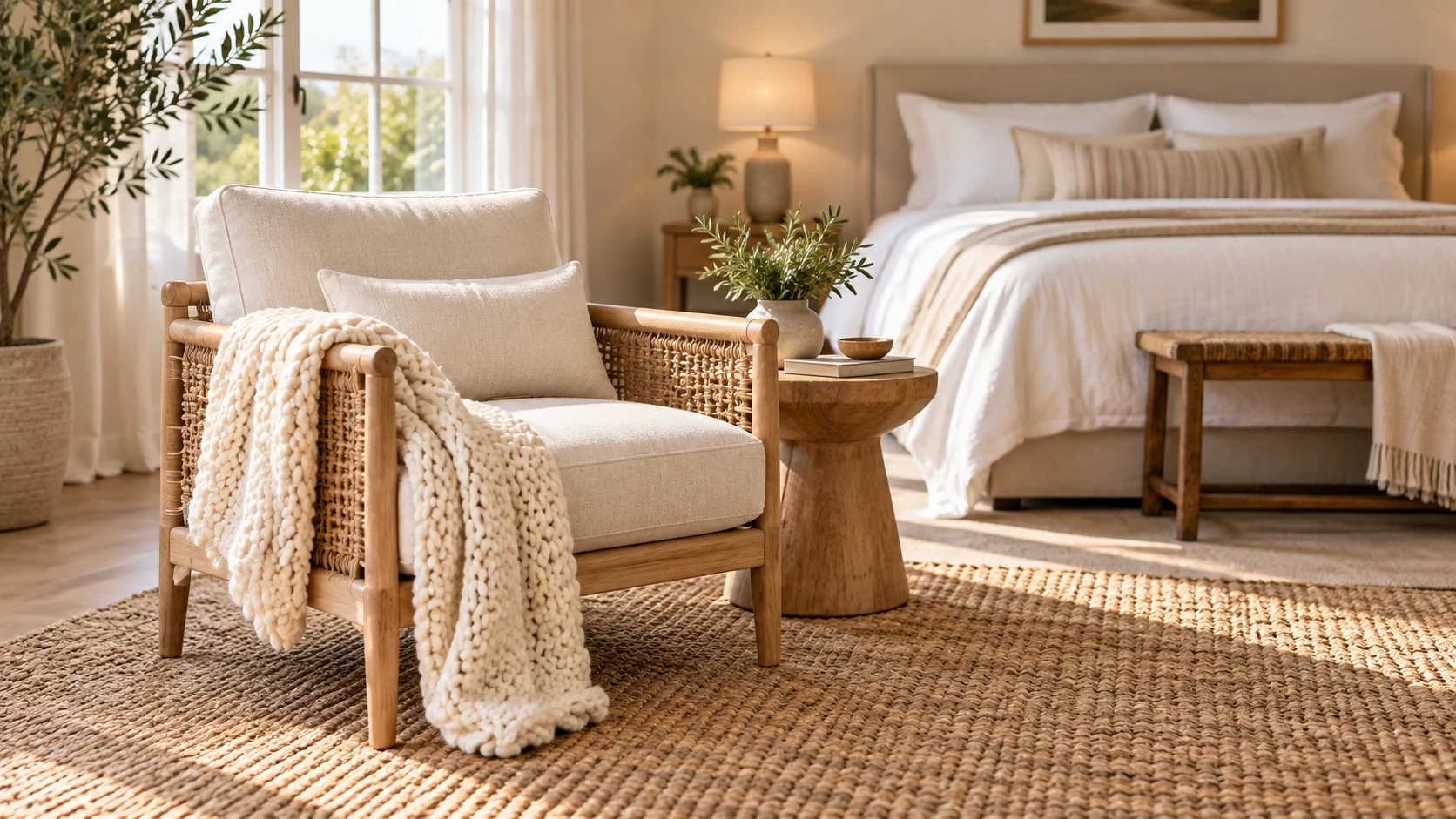 Room scene showing Woven-arm chair, Knit throw and Jute rug.