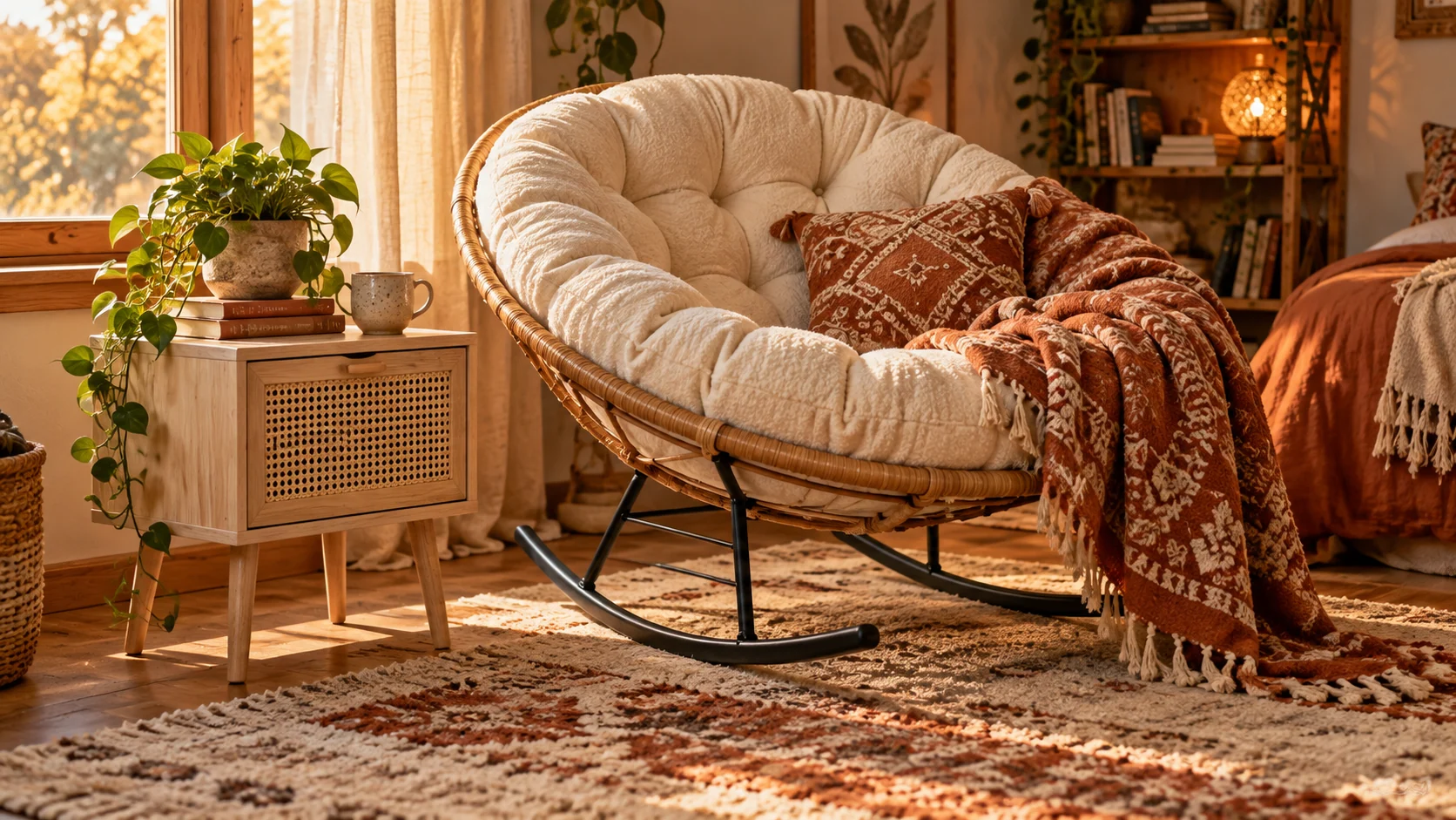 Room scene showing Papasan rocker, Side cabinet and Throw.