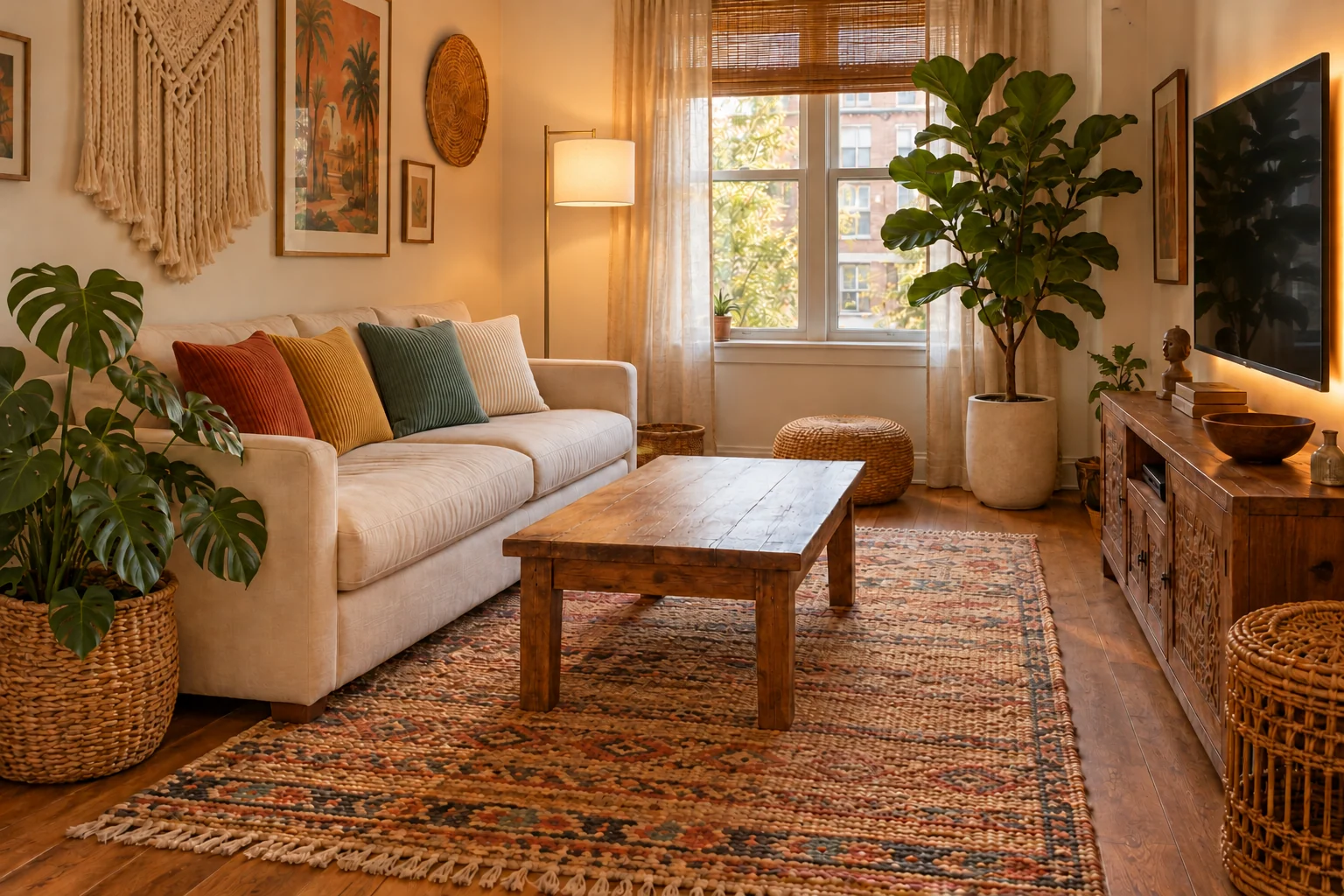 AI-generated illustrative bohemian living room with five numbered selected product roles.