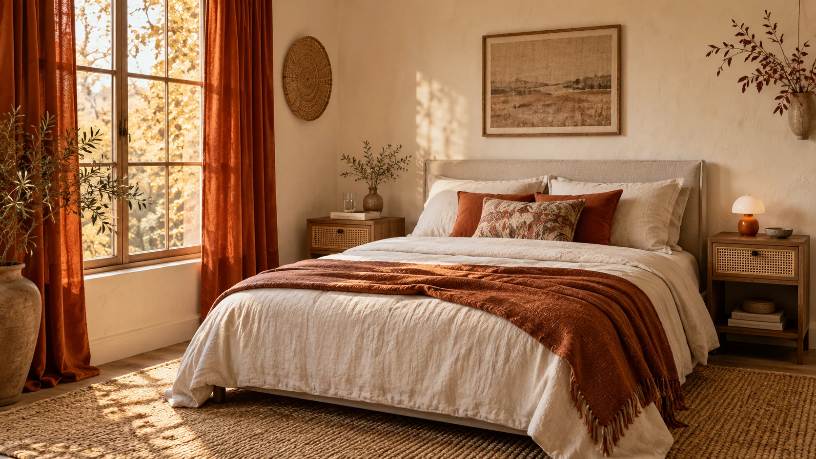 A warm guest bedroom built around a rust-colored window. room rendering with the selected curtains, nightstands (pair), accent lamp.