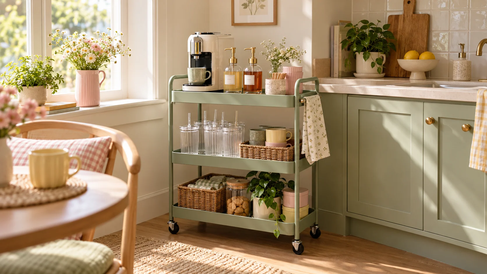 Room scene showing Pastel three-tier rolling utility cart, Labeled glass coffee-syrup dispenser set and Ribbed glass tumblers with lids and straws.