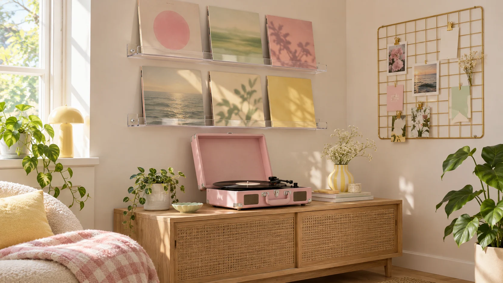 Room scene showing Pink suitcase record player, Clear acrylic wall bookshelves, 36-inch pair and Metal grid photo memo board.