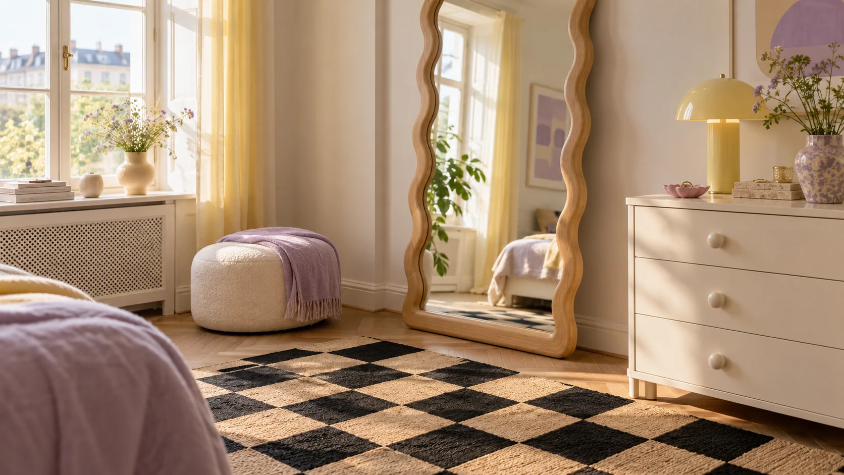 Room scene showing Wavy framed full-length mirror, Checkered accent area rug and Small pink lotus ceramic ring dish.