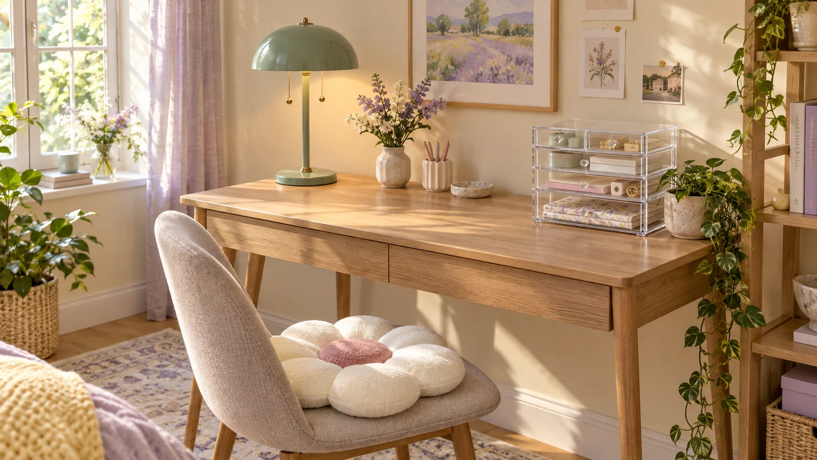 Room scene showing a sage-green two-light table lamp, clear five-drawer organizer set and white plush flower seat cushion.