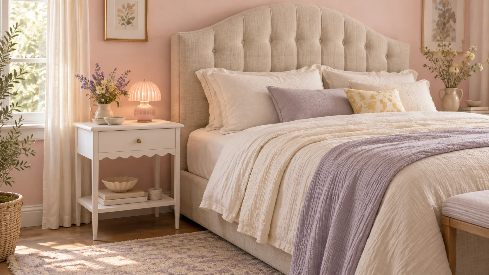 Room scene showing Pink striped-glass mushroom bedside lamp, Scalloped edge nightstand and Beige button-tufted queen headboard.