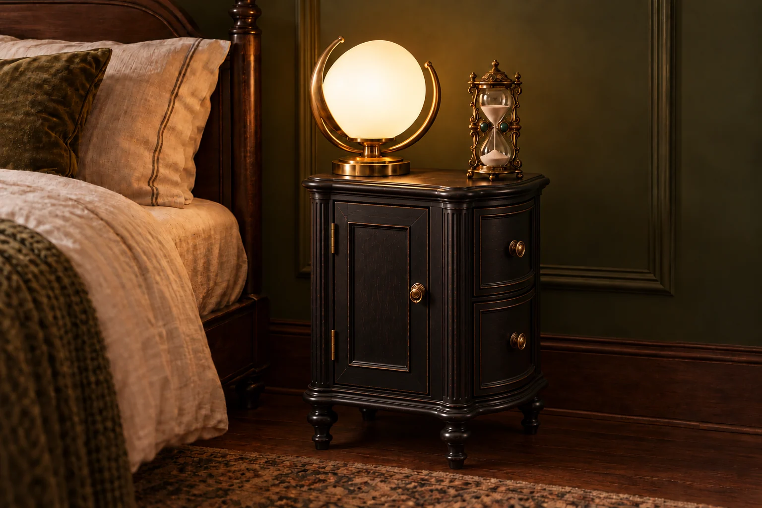 Room scene showing Milk-glass globe lamp in a curved brass cradle, Ornate brass 15-minute hourglass timer and Narrow black vintage-style charging nightstand with one door and two drawers.