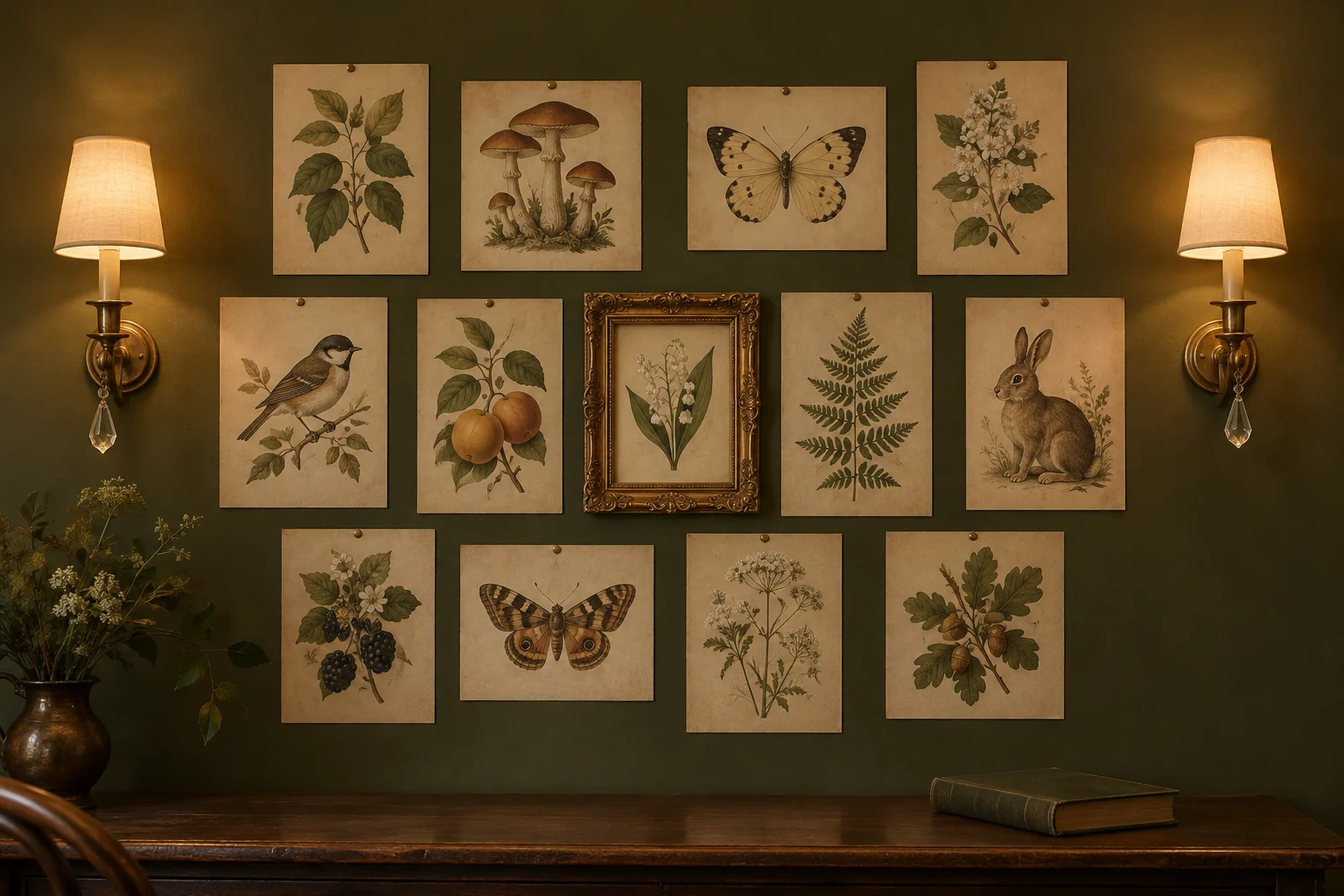 Room scene showing Single ornate gold-gilded picture frame, Twelve-piece vintage botanical and natural-history print set and Pair of rechargeable antique-brass wall sconces.