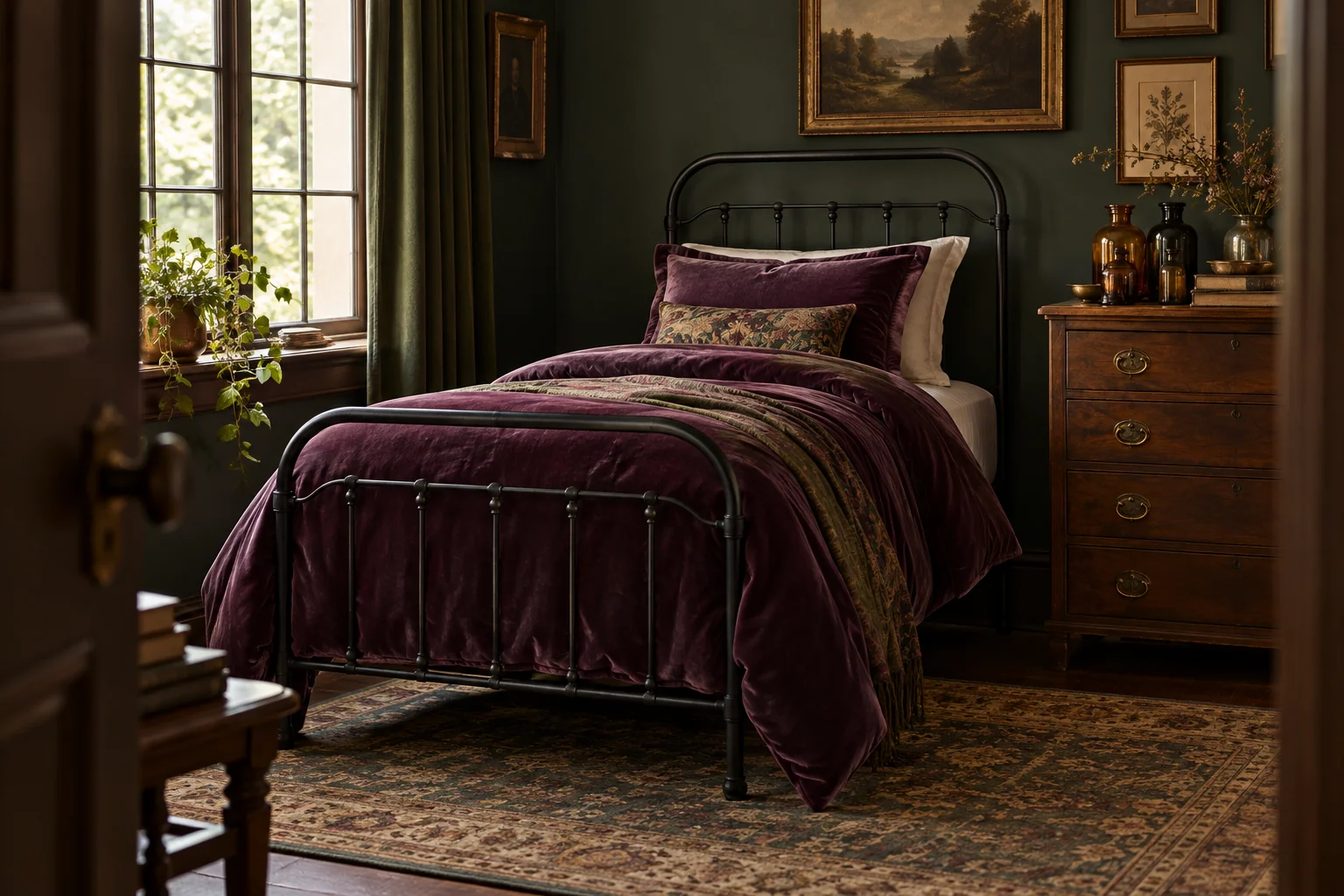Room scene showing Plum velvet Twin duvet cover set, Black Victorian-style metal platform bed frame (Twin) and Amber apothecary glass bottle set.