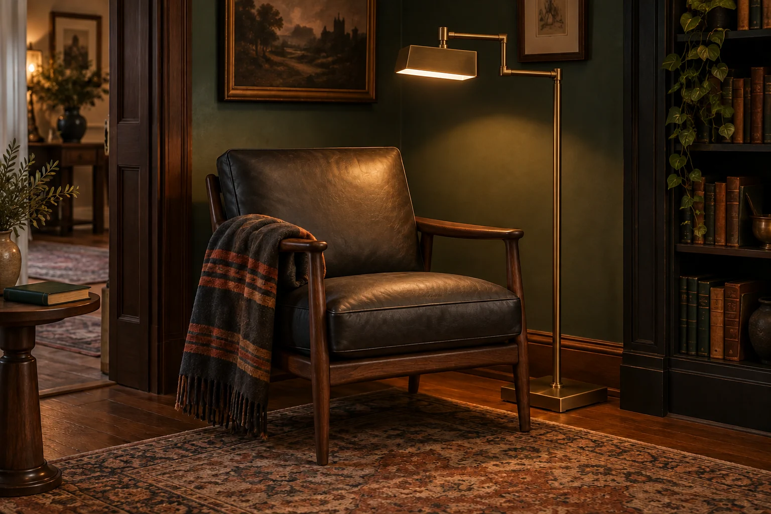 Room scene showing Dark PU-leather accent chair with wood frame, Charcoal throw with rust and ochre stripes and Adjustable antique-brass floor lamp with squared shade.