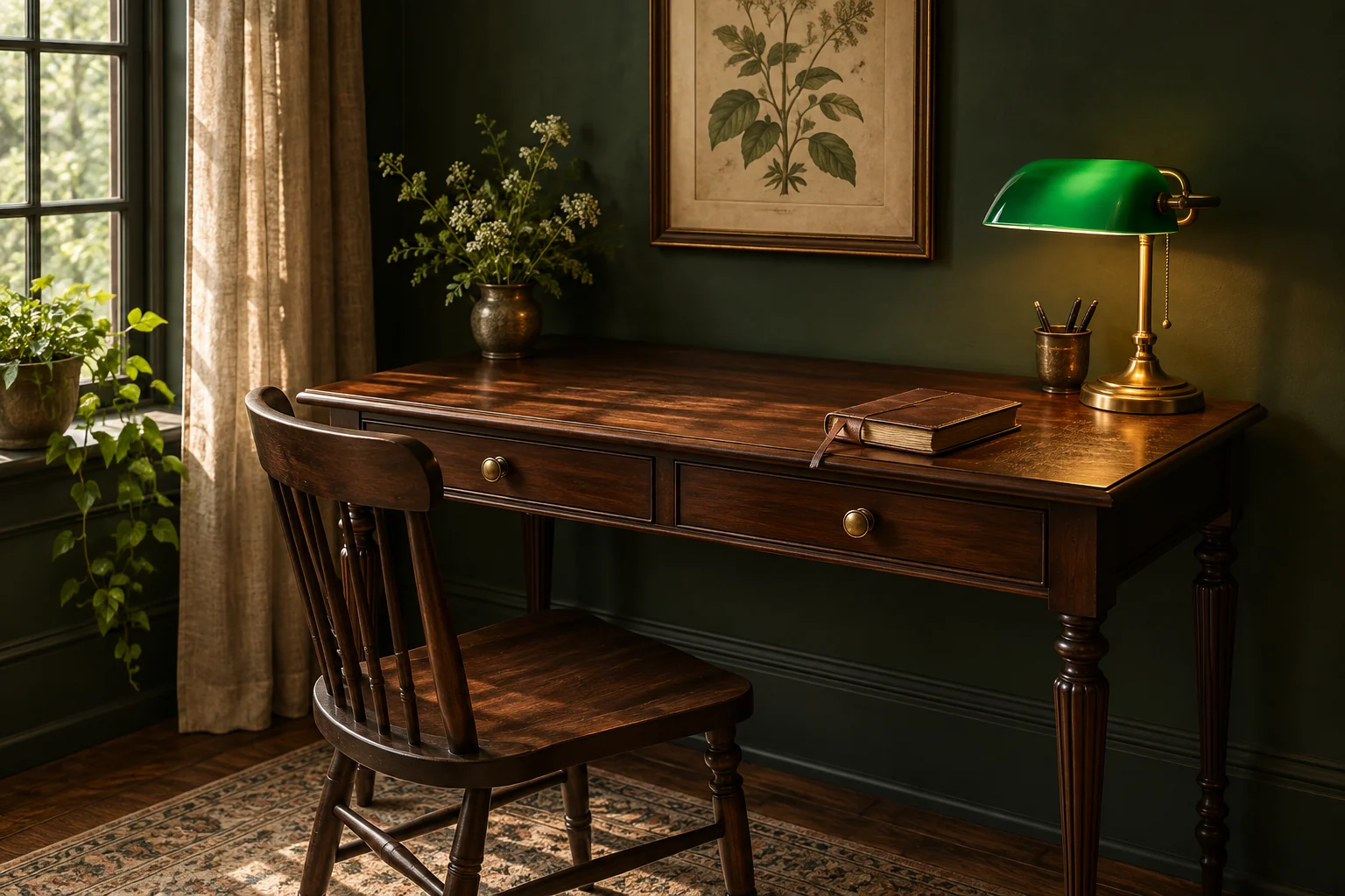 Room scene showing Green-shade brass banker’s lamp, Leather-bound journal and Dark wood writing desk.