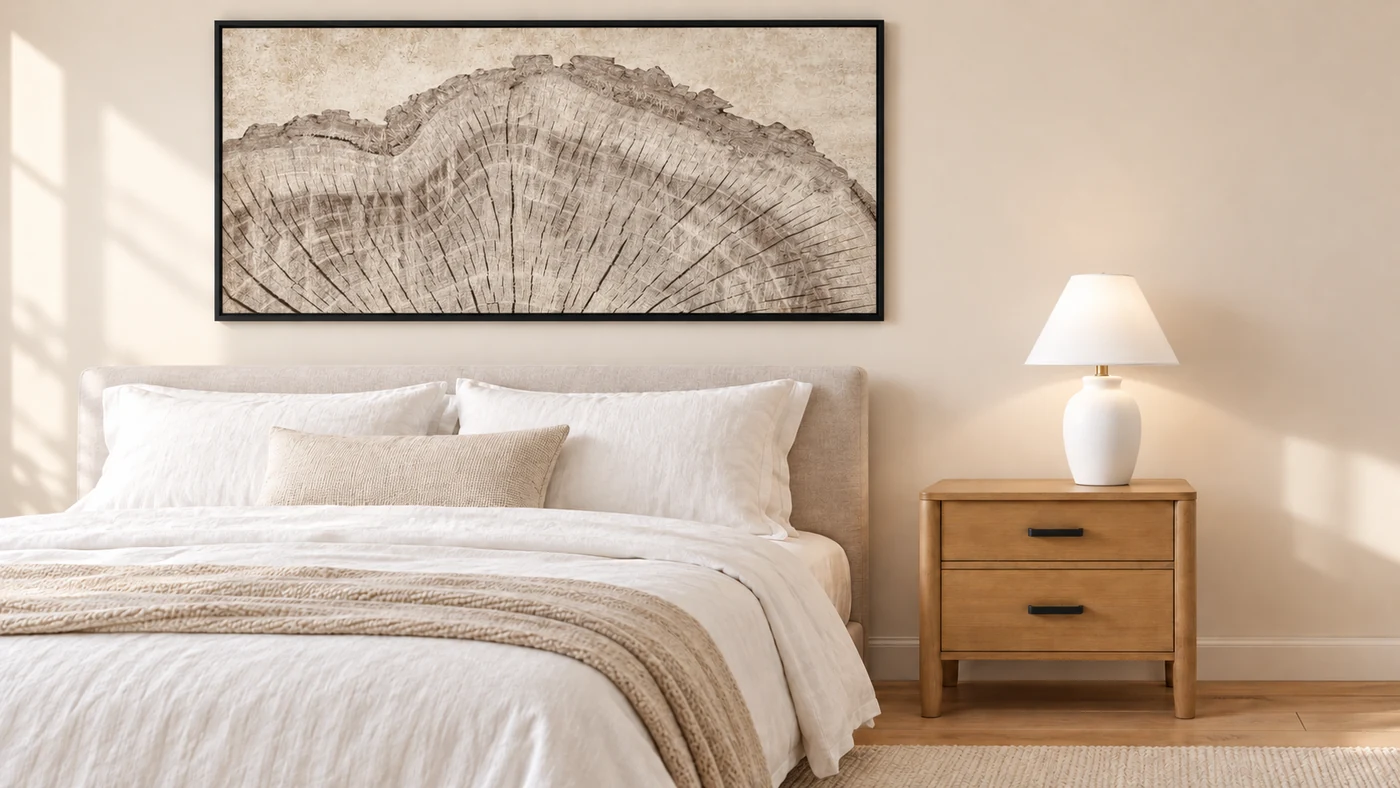 Room scene showing Nightstand, Lamp and Art.