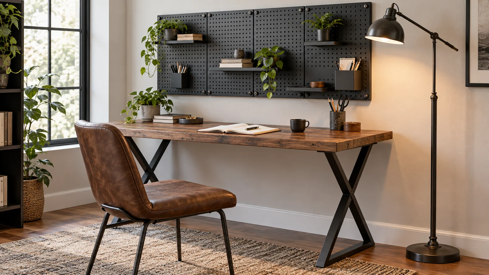 Room scene showing a wall-mounted black metal pegboard organizer, wood-and-steel writing desk and adjustable industrial floor lamp.