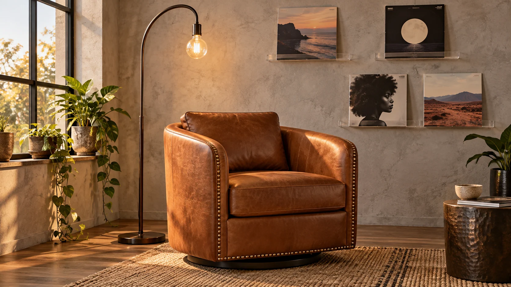 Room scene showing Cognac barrel accent chair, Arc floor lamp and Clear record display ledges.