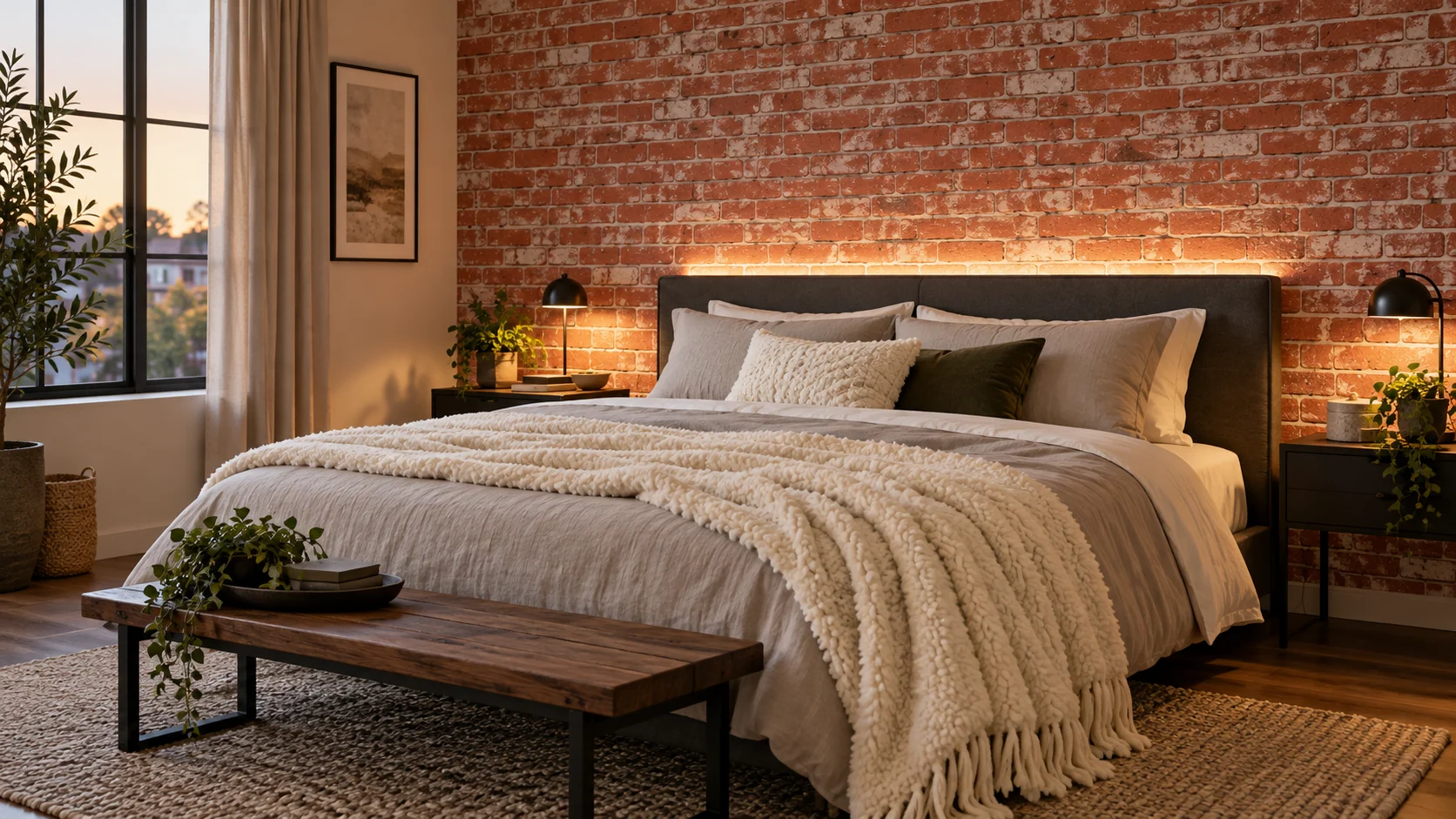 Room scene showing Red brick-look peel-and-stick wallpaper, Tunable-white LED strip and Cream textured throw blanket.