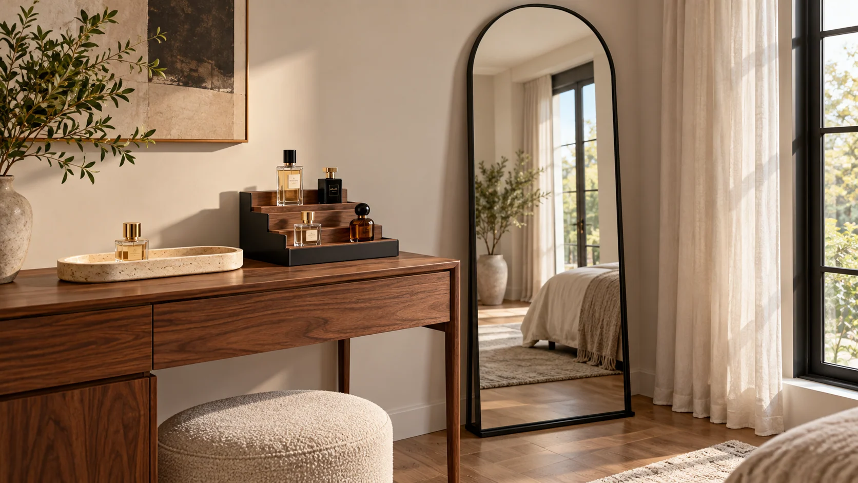 Room scene showing Black arched floor mirror, Pale travertine-look tray and Tiered black-and-walnut perfume organizer.