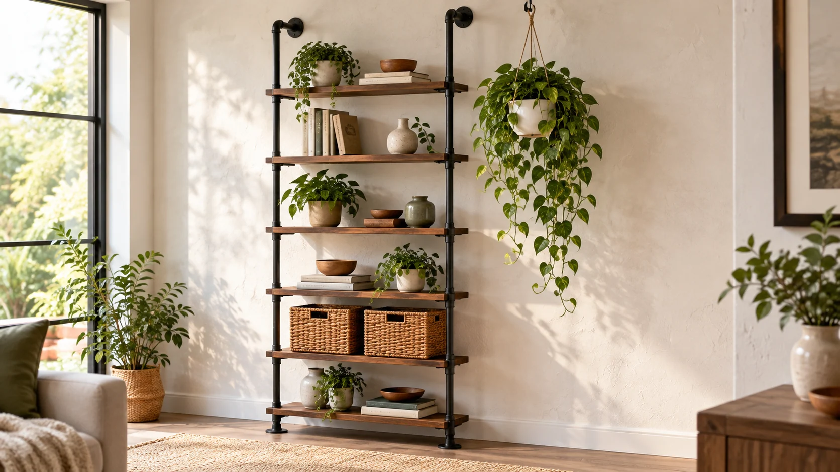 Room scene showing Pipe-and-wood shelving, Artificial trailing plant in white hanging pot and Woven storage baskets.
