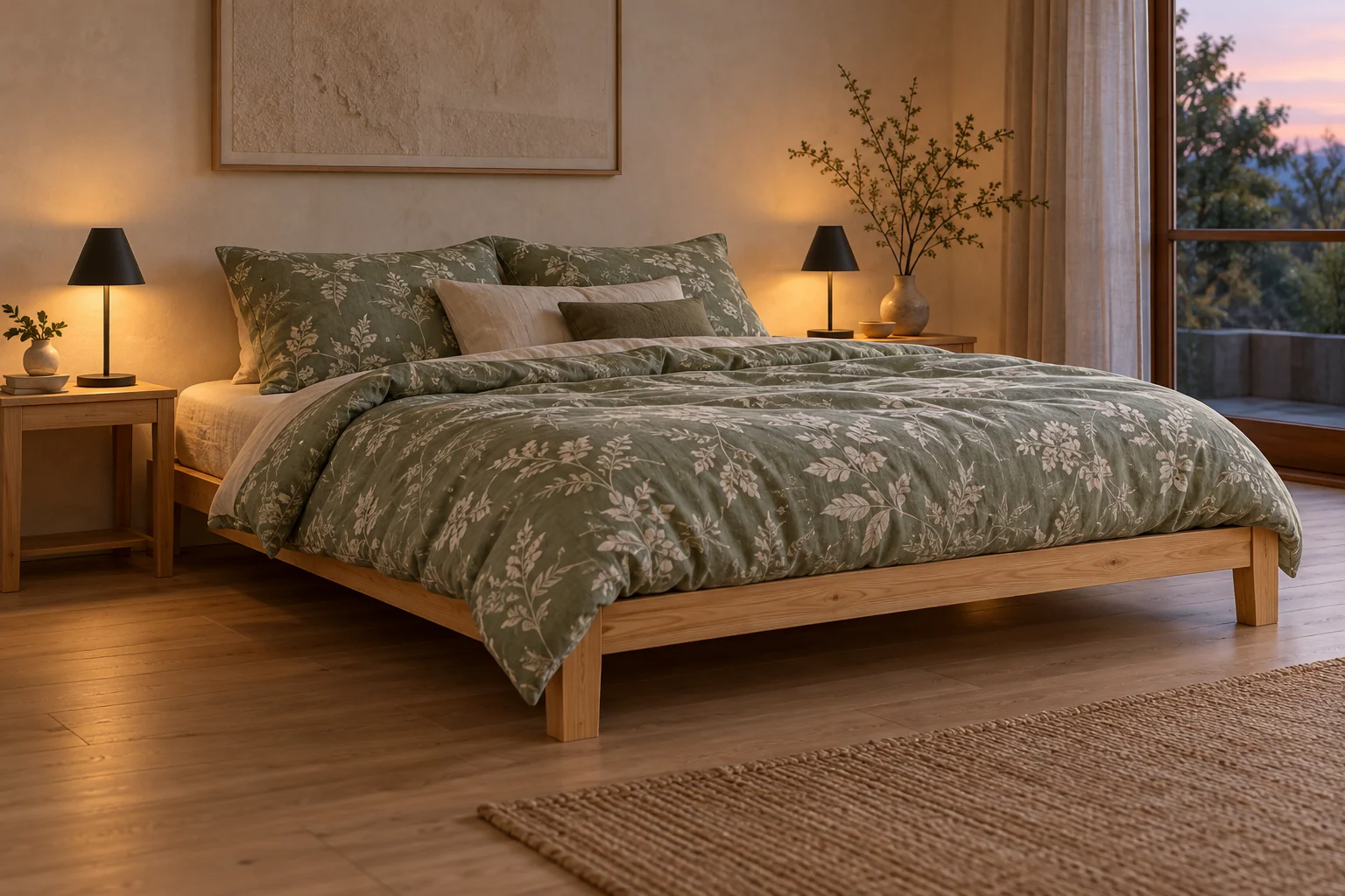 Illustrative room scene with a low pine bed, sage botanical bedding and bedside lamps