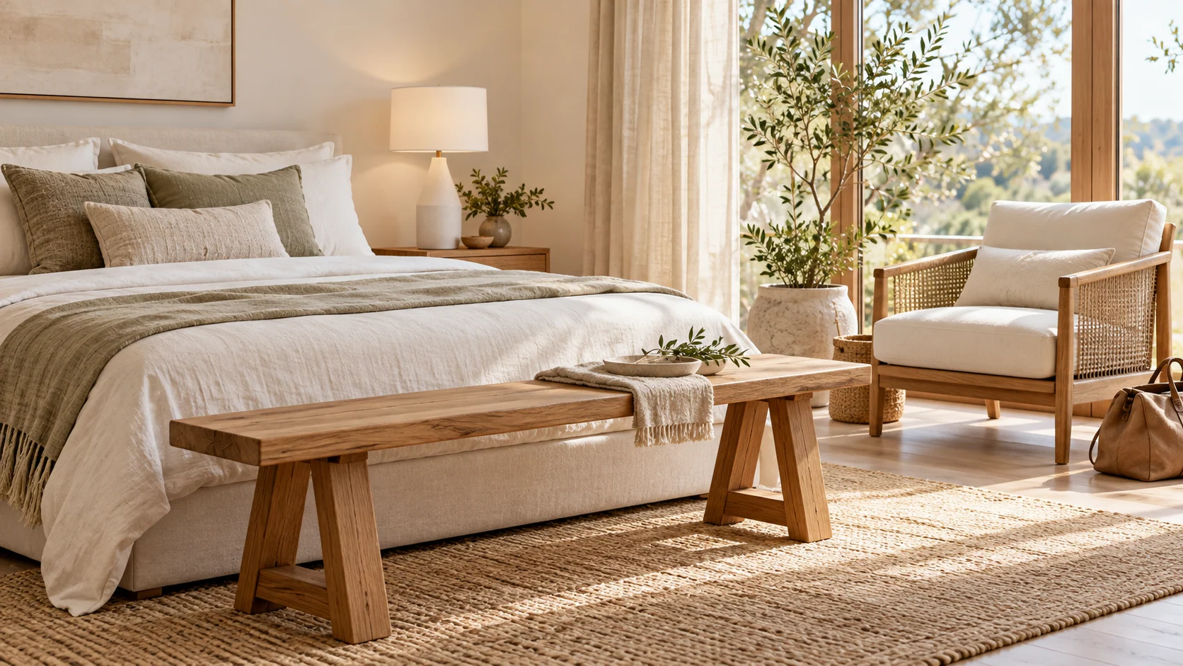 Room scene showing Wood bench, Accent chair and Ceramic lamp.