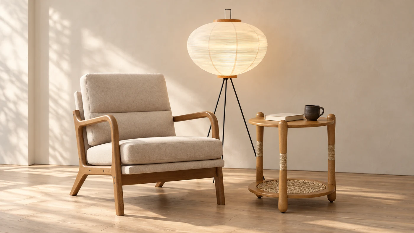 Room rendering of a beige wood-arm chair beside a round light-oak table and glowing paper floor lamp.