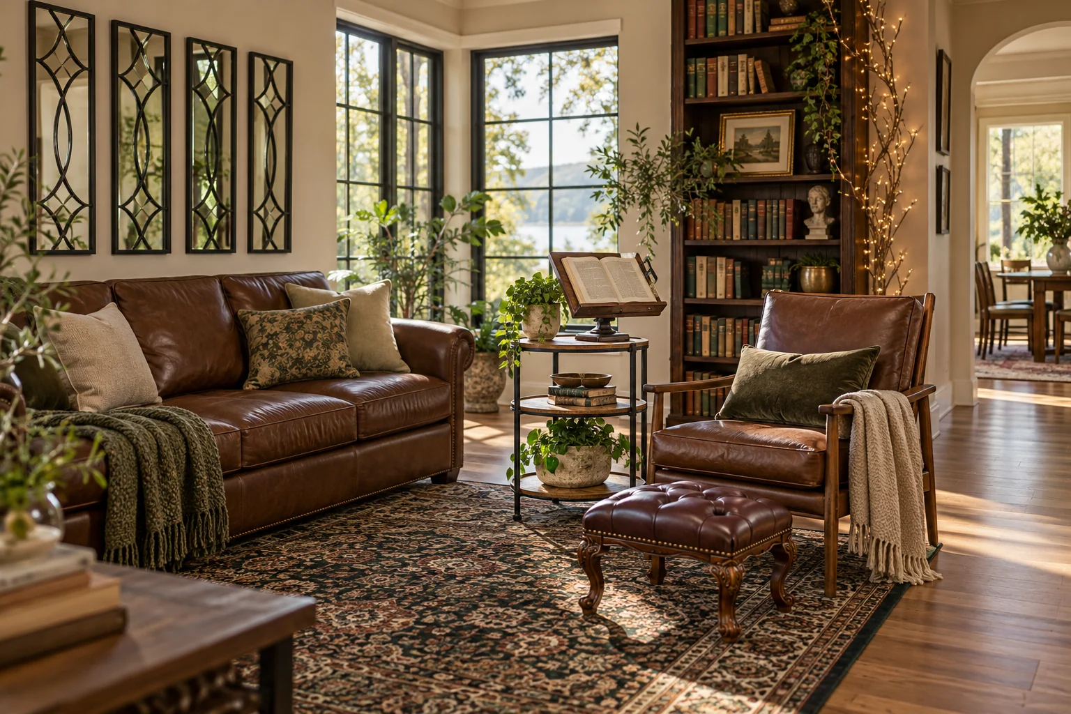 Illustrative a sunlit leather reading corner with compact bookish layers with five numbered product roles.