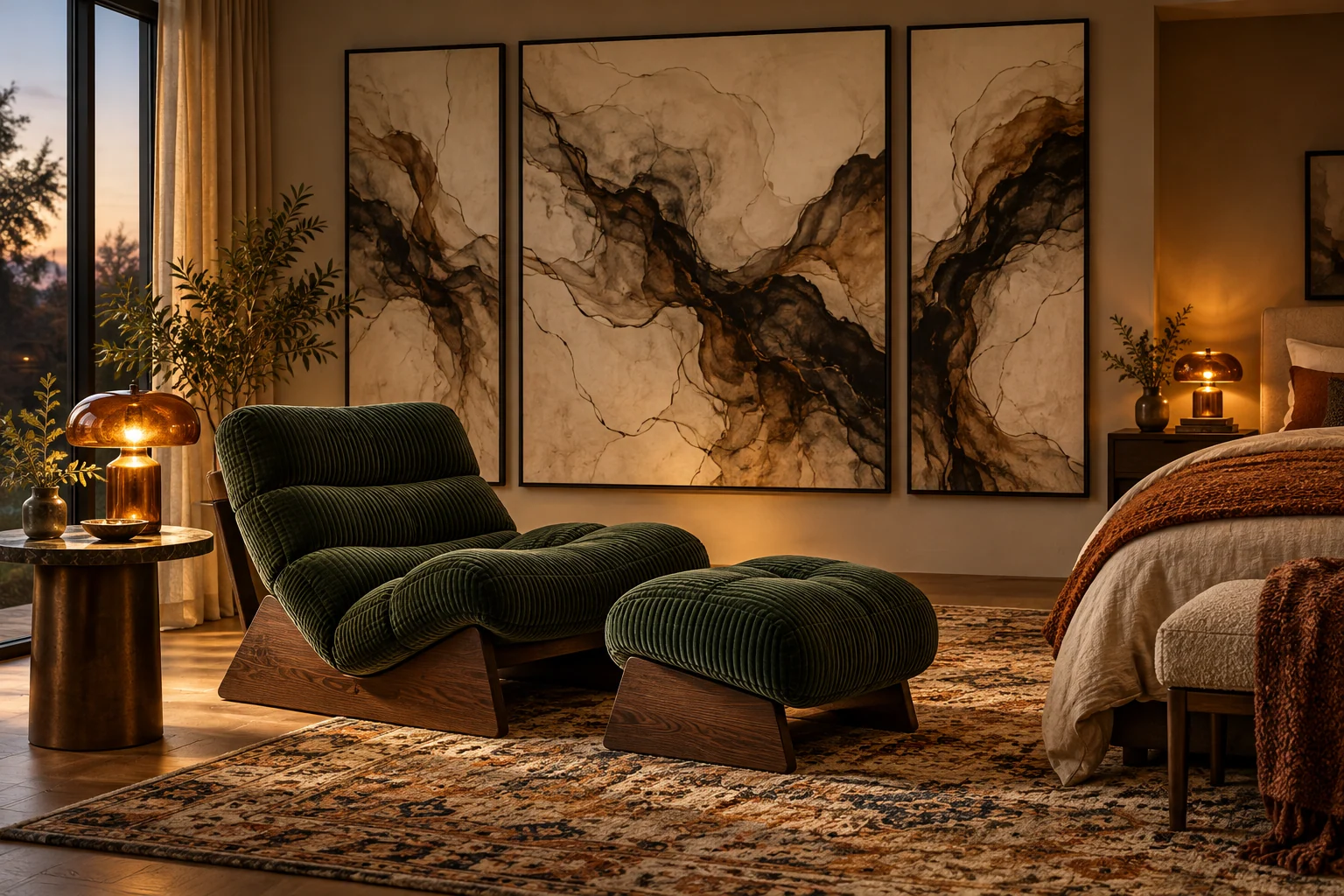Original room rendering of a bedroom reading corner built around bold abstract art