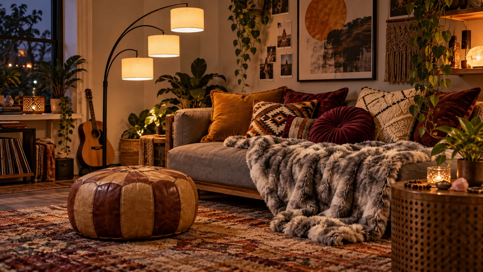Room scene showing Pouf cover, Faux-fur throw and Floor lamp.