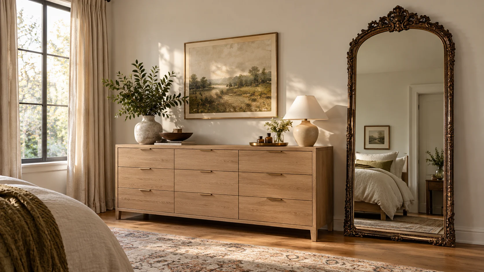 An oak dressing wall for busy mornings. room rendering with the selected dresser, full-length mirror, curtains.