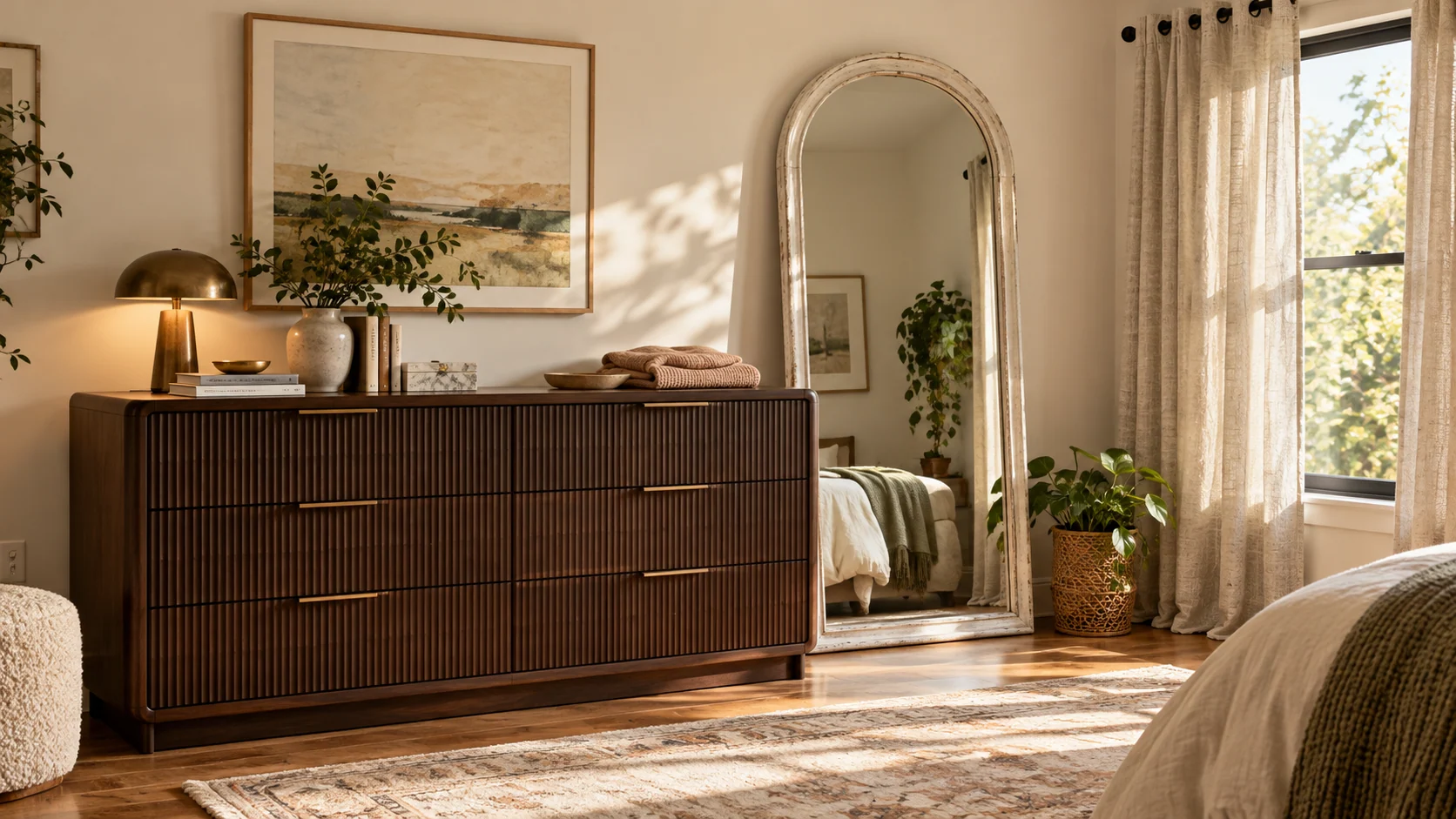 Room scene showing Dresser, Floor mirror and Curtain panels.