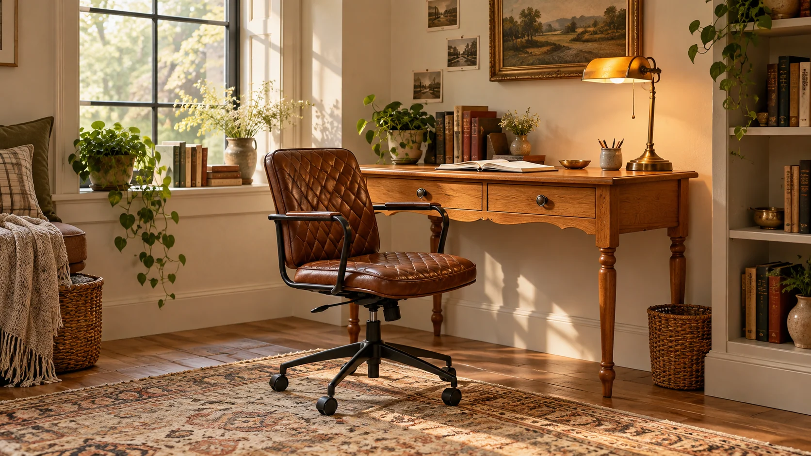Room scene showing Writing desk, Desk chair and Desk lamp.