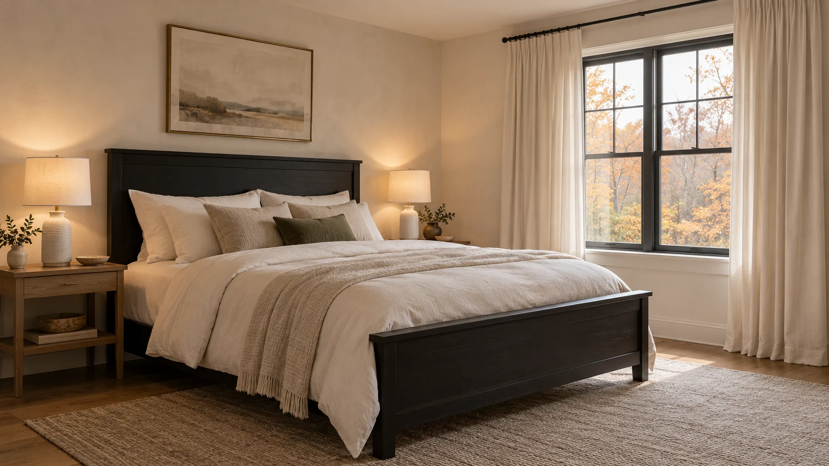 A black-oak bedroom that keeps the light. room rendering with the selected bed frame, curtains, lamps (pair).