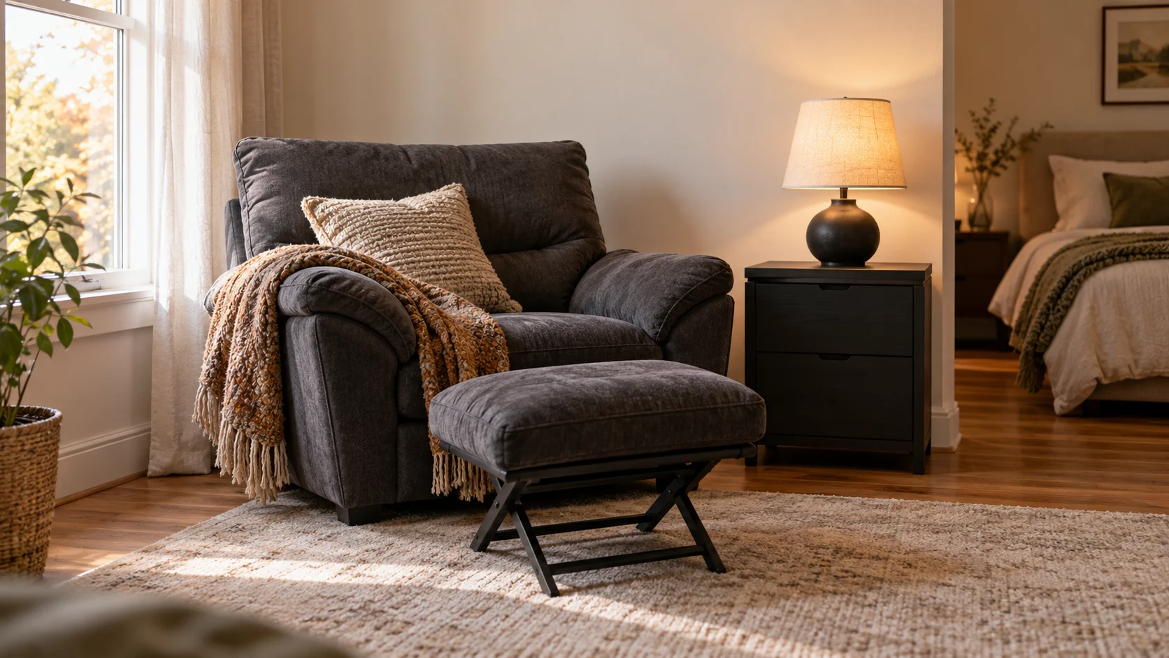 A small bedroom reading corner with a place to land. room rendering with the selected chair with ottoman, nightstand, touch lamp.