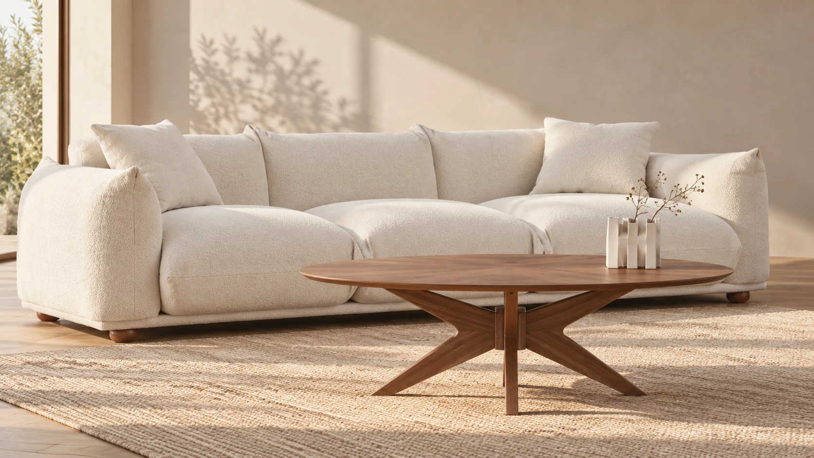 Room scene showing Sofa, Table and Vase.