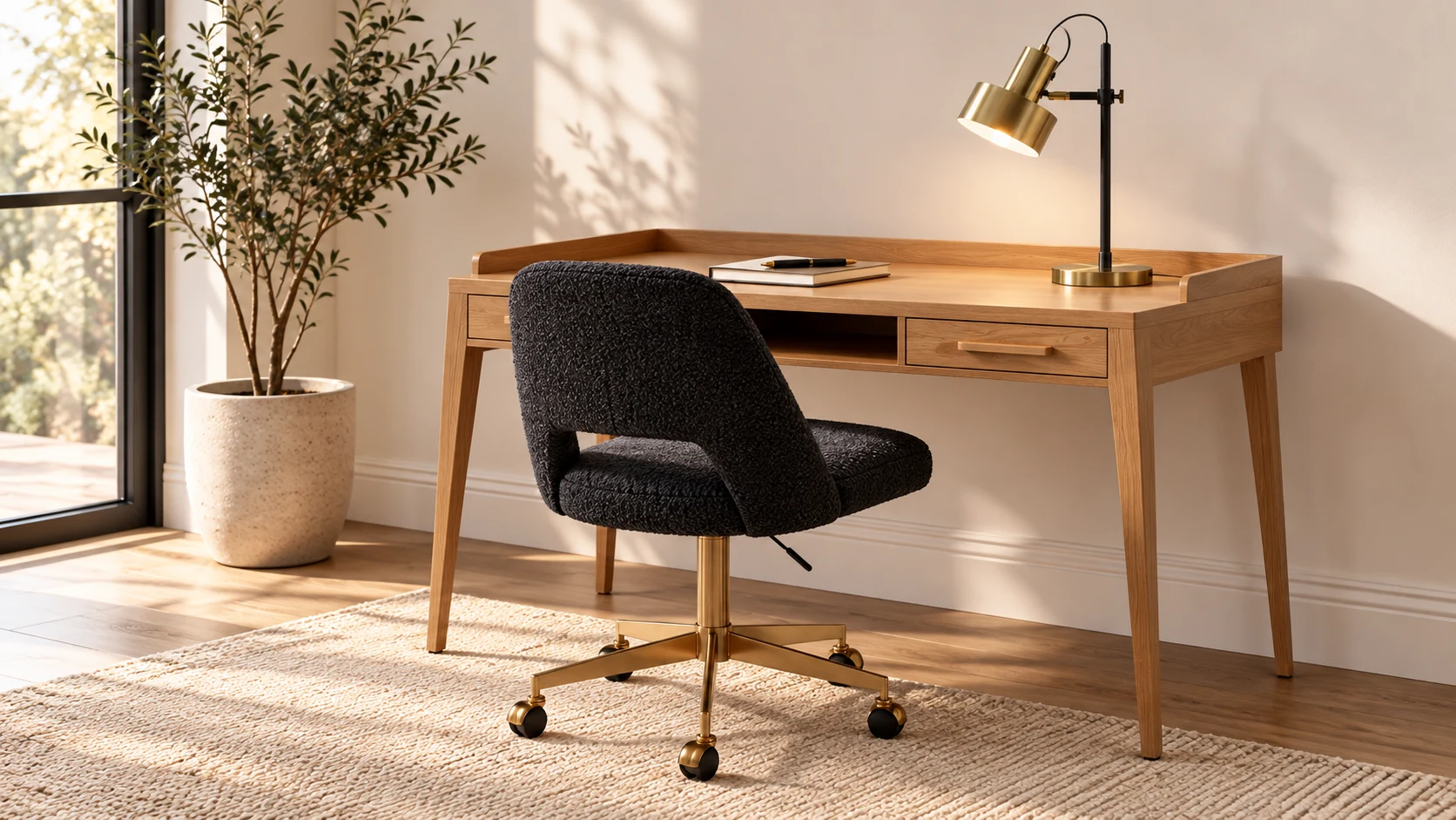 Room scene showing Desk, Chair and Lamp.