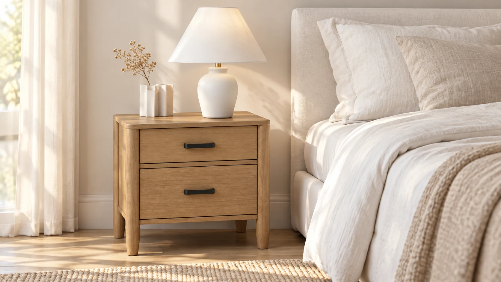 Room scene showing Nightstand, Lamp and Vase.