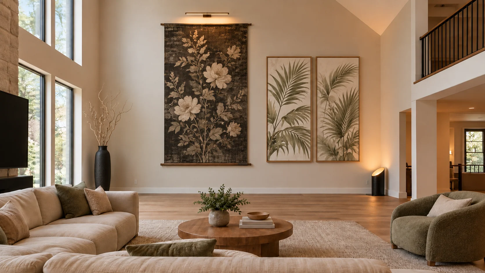 Illustrative minimalist room scene showing five selected product roles for tall vaulted wall balance.