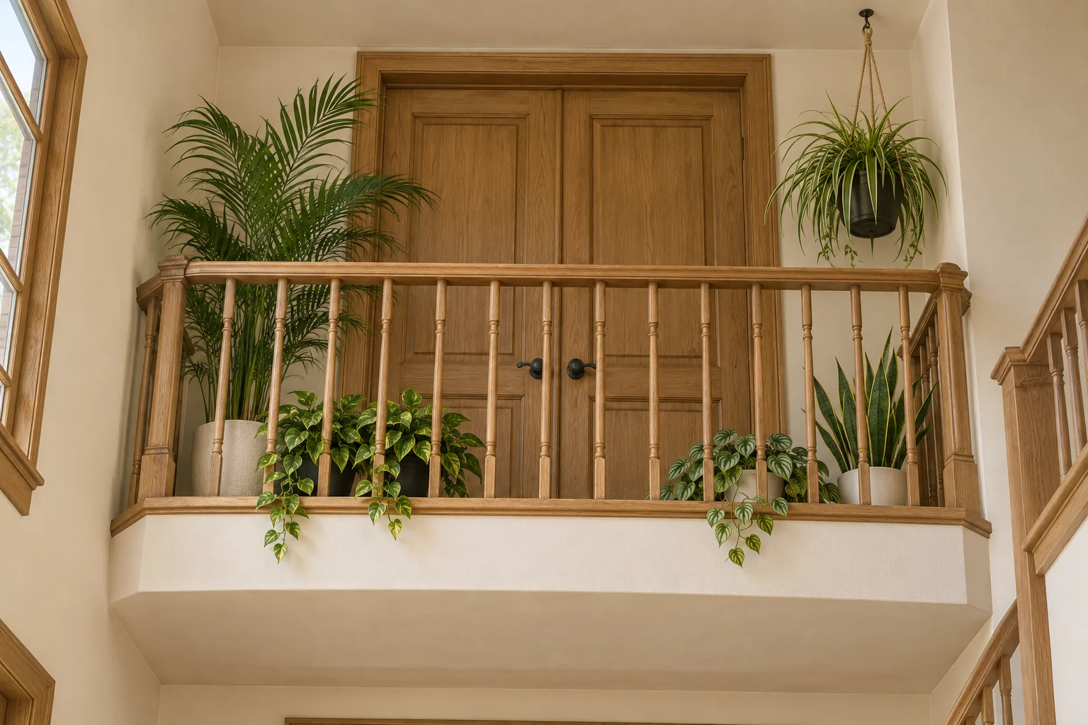 Illustrative shallow indoor Juliet balcony viewed from below, with five faux-plant selections behind a honey-toned wooden railing.