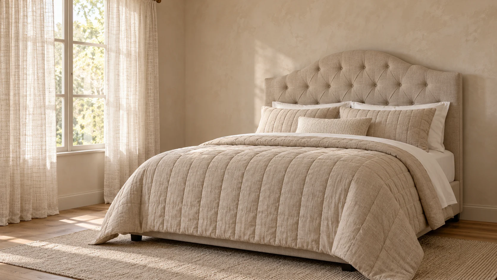 A layered queen bed in warm neutrals. room rendering with the selected headboard (queen), bedding (queen), curtains.