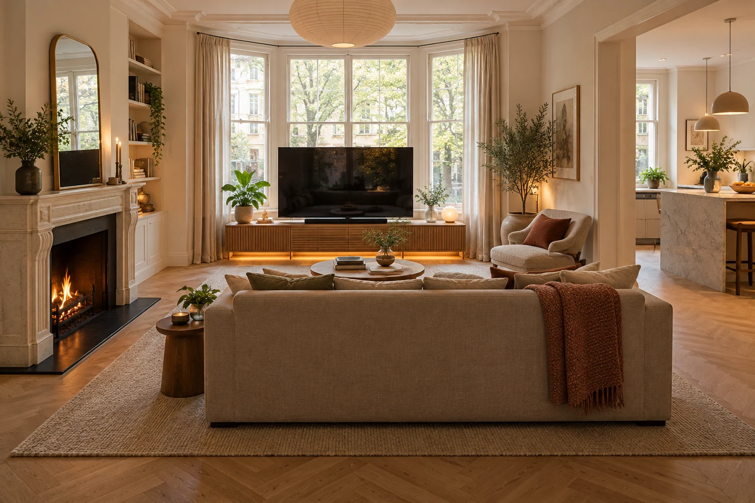 Illustrative organic-modern room scene showing five selected product roles for shared view window tv layout.