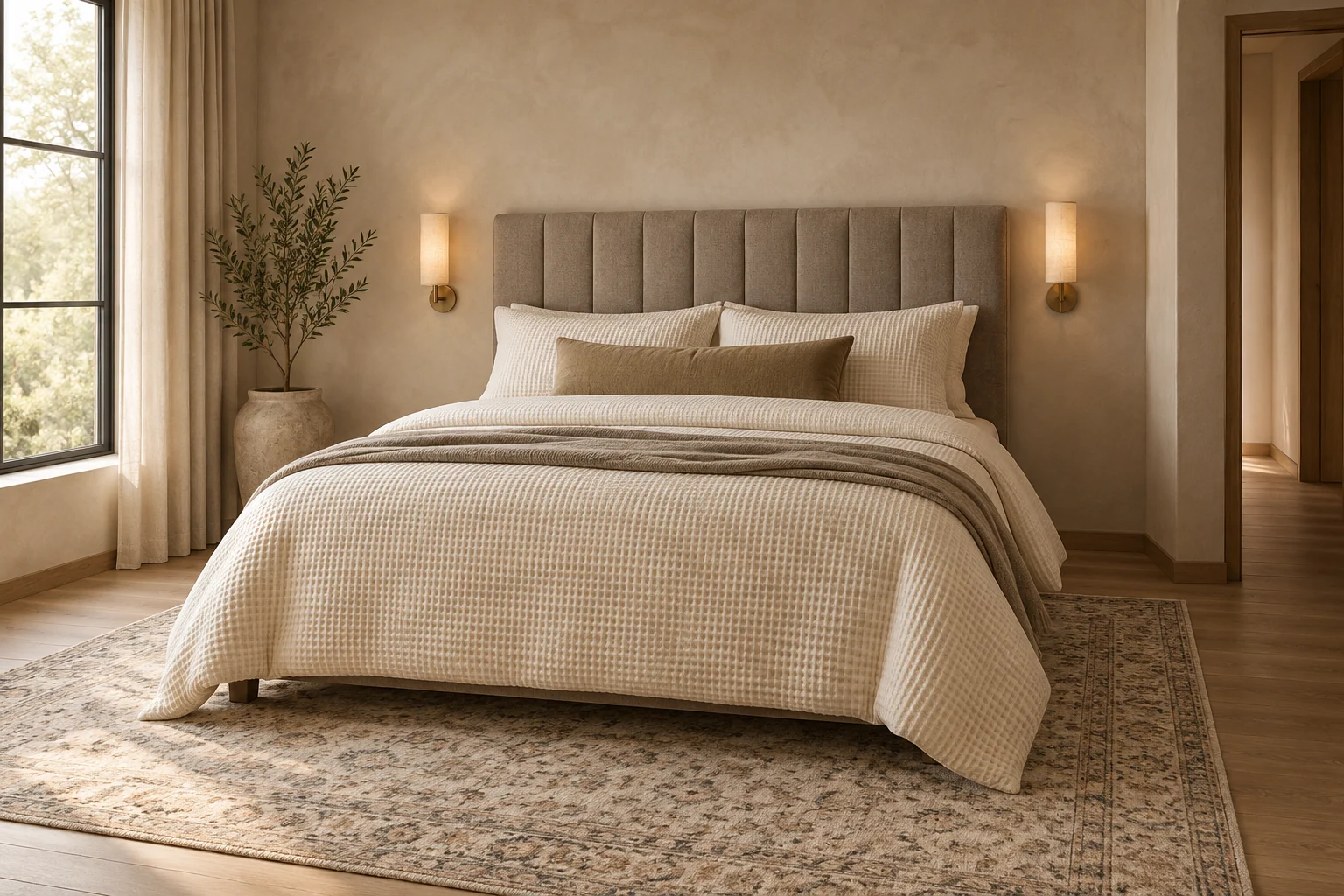 Illustrative organic-modern room scene showing five selected product roles for soft layered master bedroom.