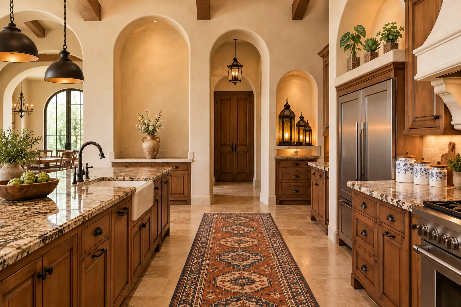 Illustrative spanish-revival layers for a high-ceiling kitchen with five numbered product roles.