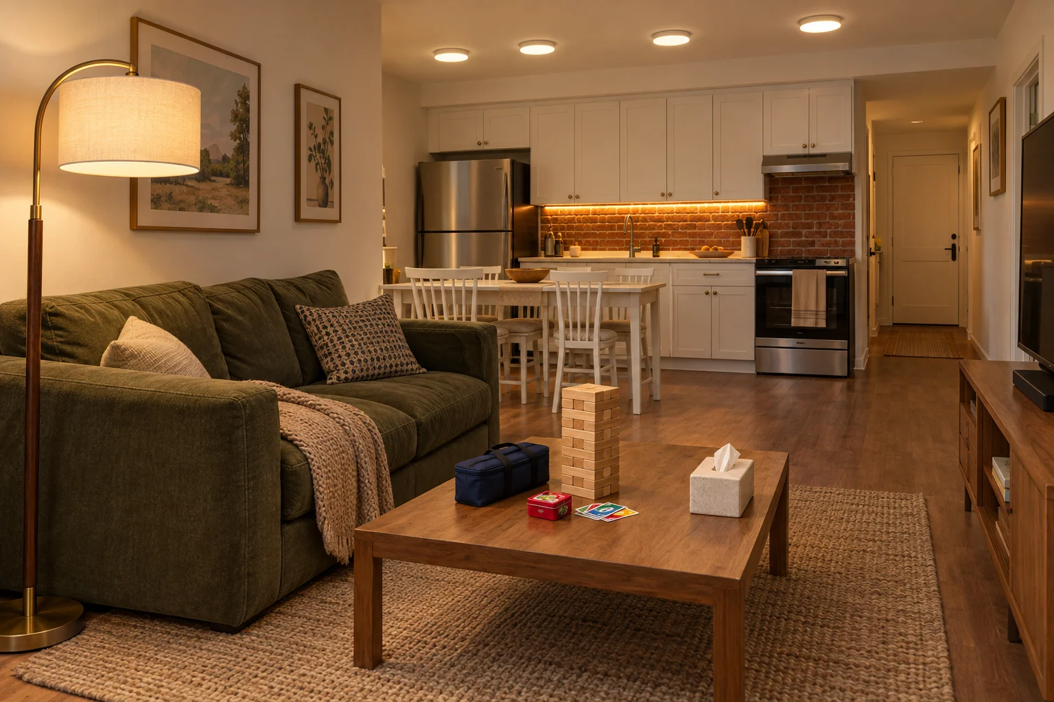Illustrative compact rental living room with an olive sofa, a cleared game table, a brick kitchen backsplash and three layers of warm lighting.