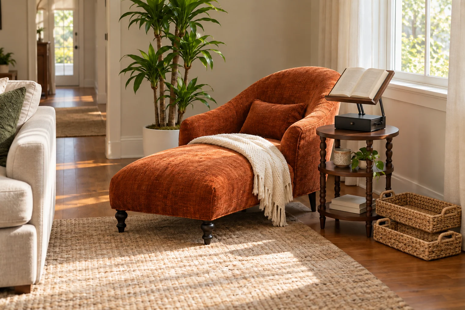 Illustrative a compact reading zone beside the sofa with five numbered product roles.